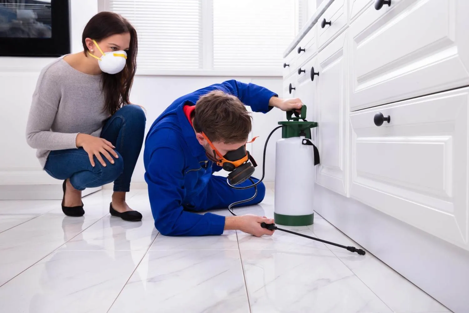 Hand holding a pressure sprayer ready for indoor treatment